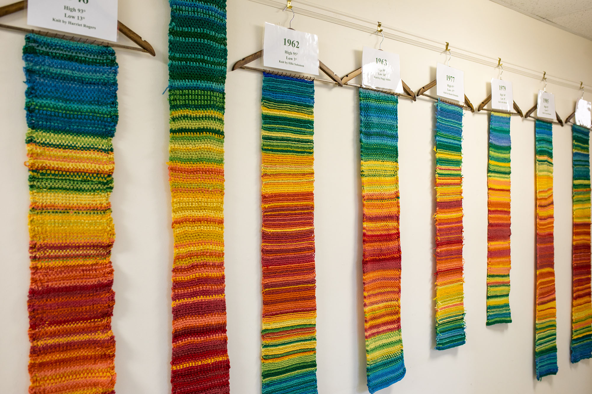 Tempestries — tapestries showing the rise of local temperatures over time — on display at Centre Church in Brattleboro.